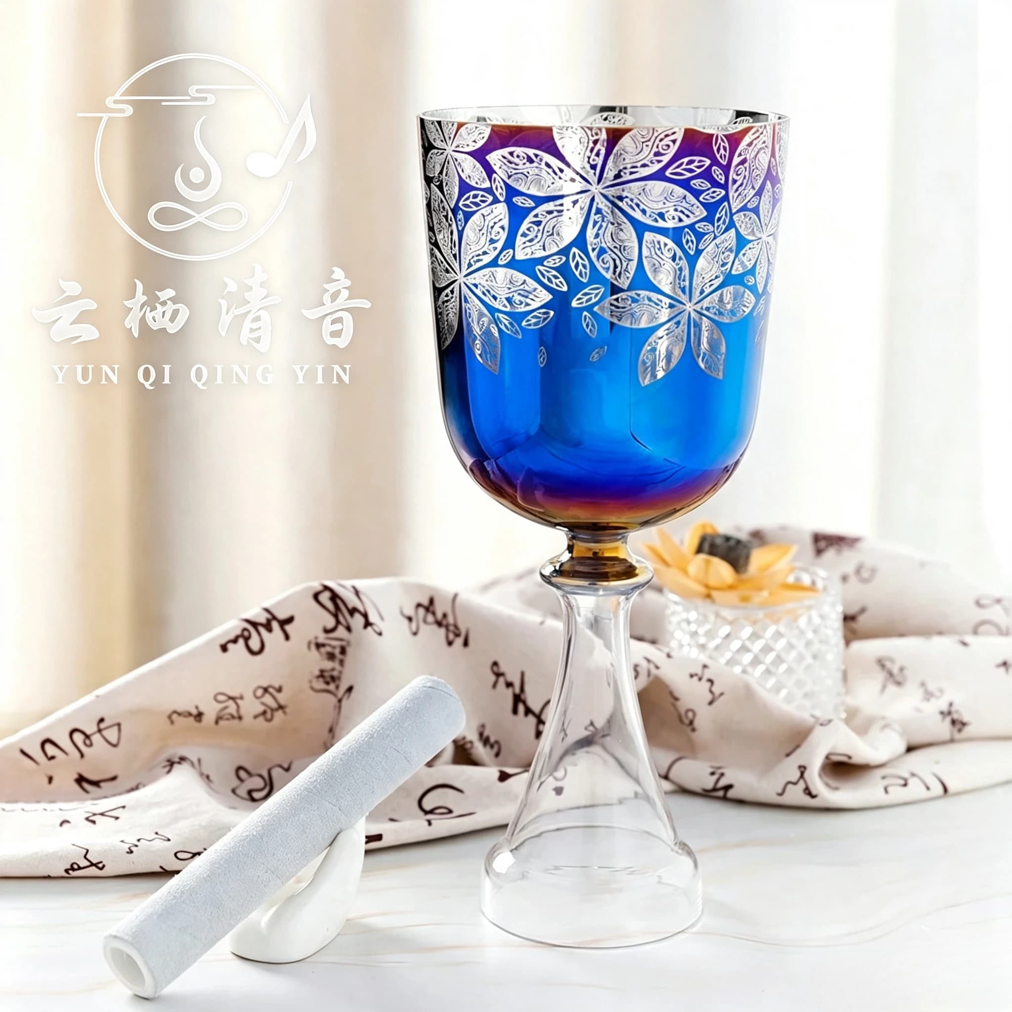 YUN QI QING YIN 5-7 Inch 4Th Blue Hexagonal Flower Handheld Transparent Crystal Singing Chalice Bowl Yoga Meditation Sound Healing Instrument