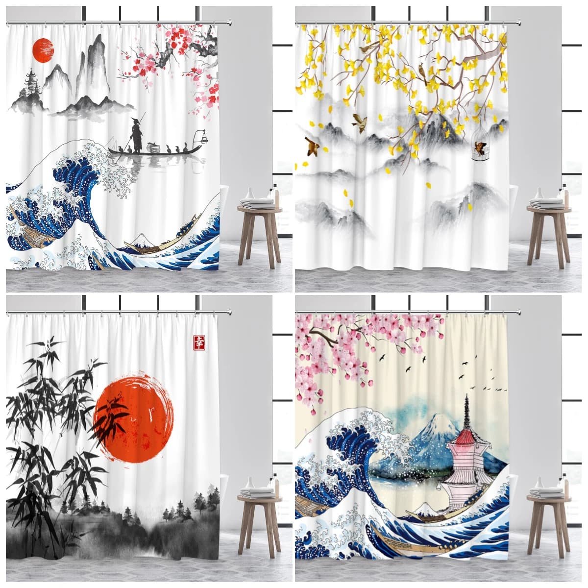 Japanese Style Shower Curtain Sea Wave Cherry Blossom Floral Ink Bamboo Mountain Scenery Bathroom Curtains Polyester Home Decor