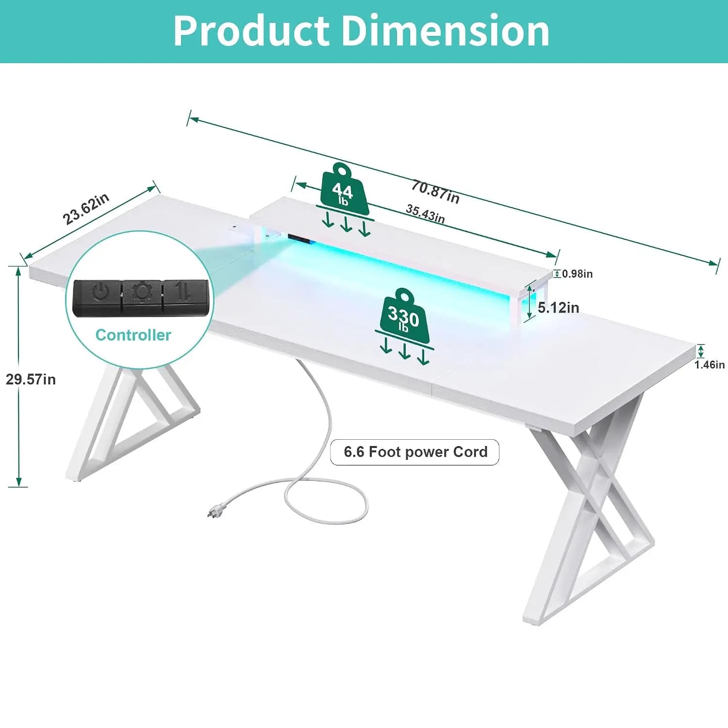 70.8 Inch Executive Desk with Monitor Stand, Power Outlet & LED Lights, Ergonomic Long Gaming Workstation, White, Customized
