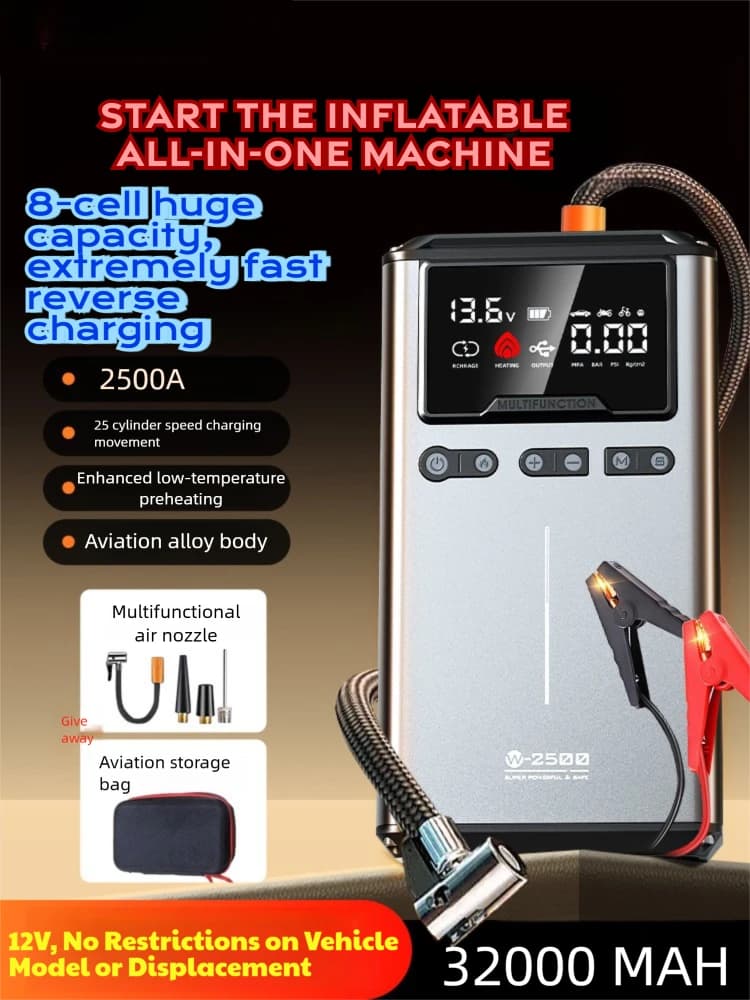 Avviatore di Emergenza 32000mAh 2500A di Picco per Veicoli (12V Modelli Illimitati) con Ricarica Wireless Rapida