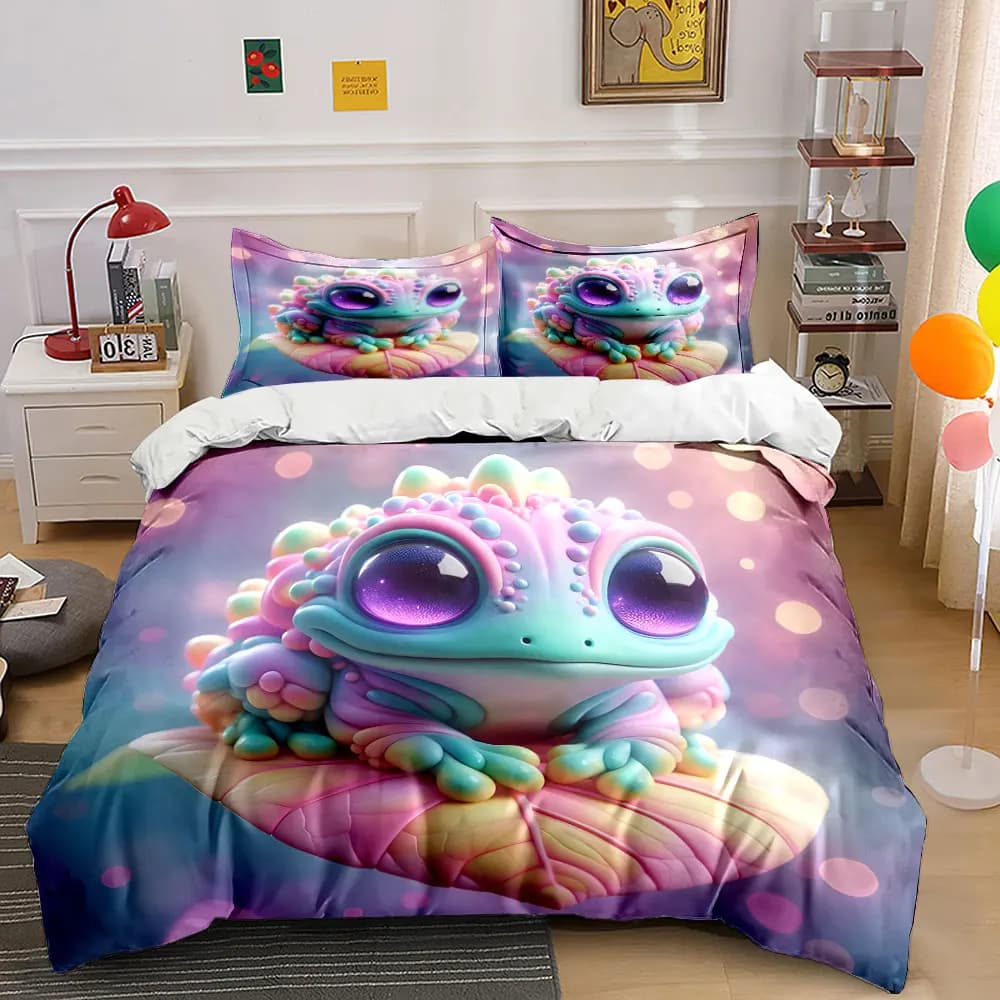 Dreamy Colorful Little Frog Print Bedding Set 1 Duvet Cover 2 Pillowcases for Adult and Children Luxury Gift Full Size