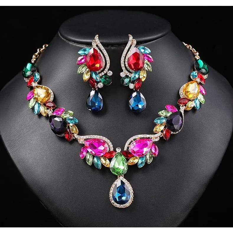 Elegante Collana con Ciondolo a Forma di Pianta in Vetro e Strass, Orecchini Abbinati, Ideale per Abiti da Donna e Decorazioni per Feste