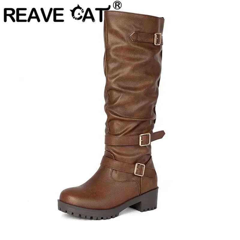 REAVE CAT Brown Women's Knee High Boots Round Toe 4.5cm Thick Heel 2cm Platform Slip On Pleated Big Size 43 44 45 Casual Botas