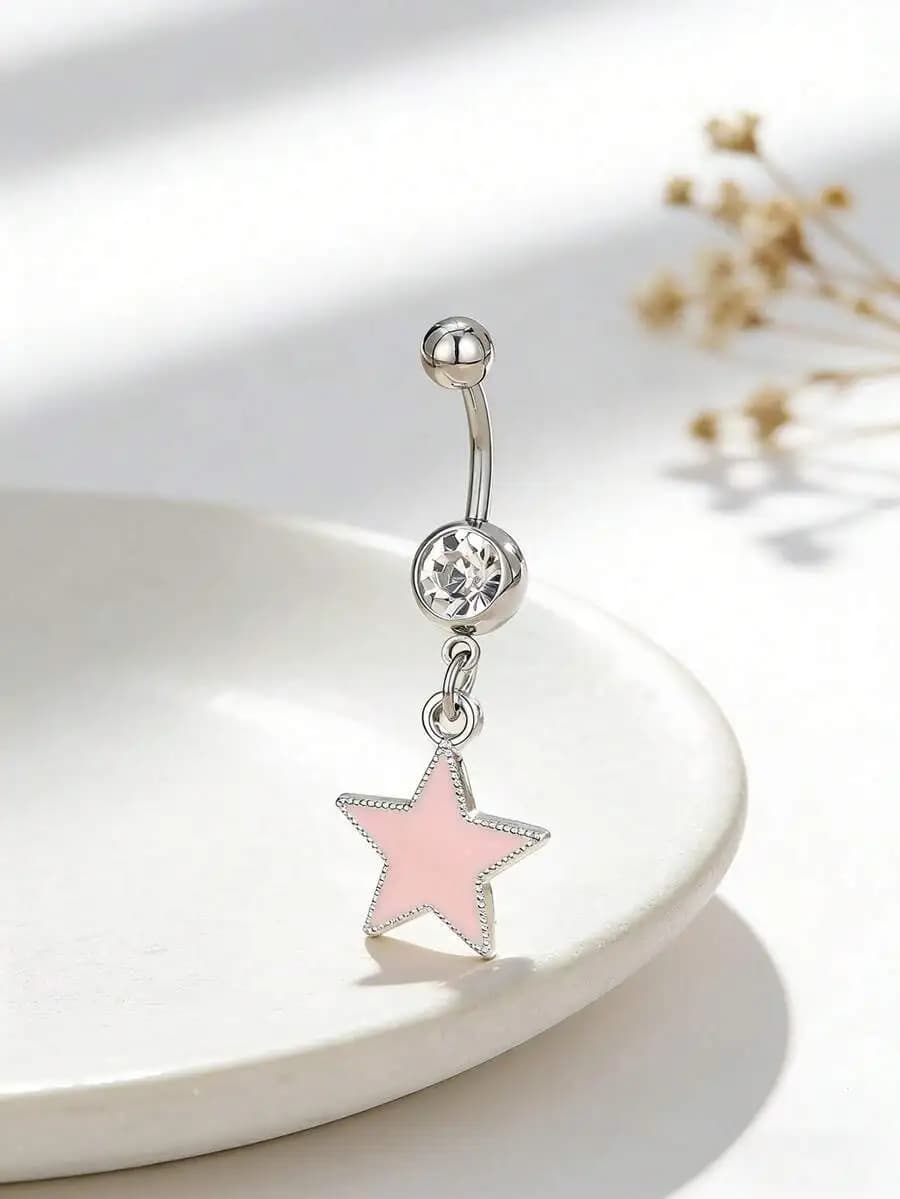 Anello da ombelico pendente a forma di stella smaltata rosa con sfera di cristallo trasparente per donna