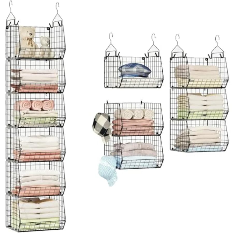 Organizzatore appendibile a 6 livelli per armadio, scaffali appendiabiti con 4 ganci appendiabiti, 5 ganci a S, cestini portaoggetti in filo metallico per vestiti