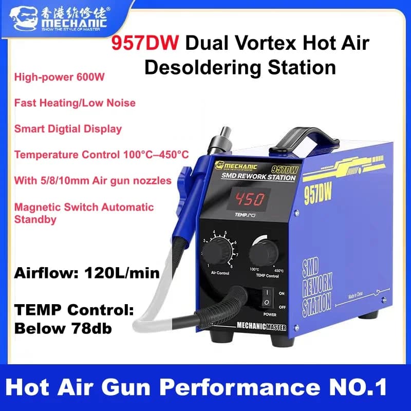 Pistola Termica ad Aria Calda a Doppio Flusso da 600W con Display Digitale, Stazione di Rilavorazione ad Aria Calda, Ugelli da 5/8/10mm, Display Digitale 957DW 110V 220V