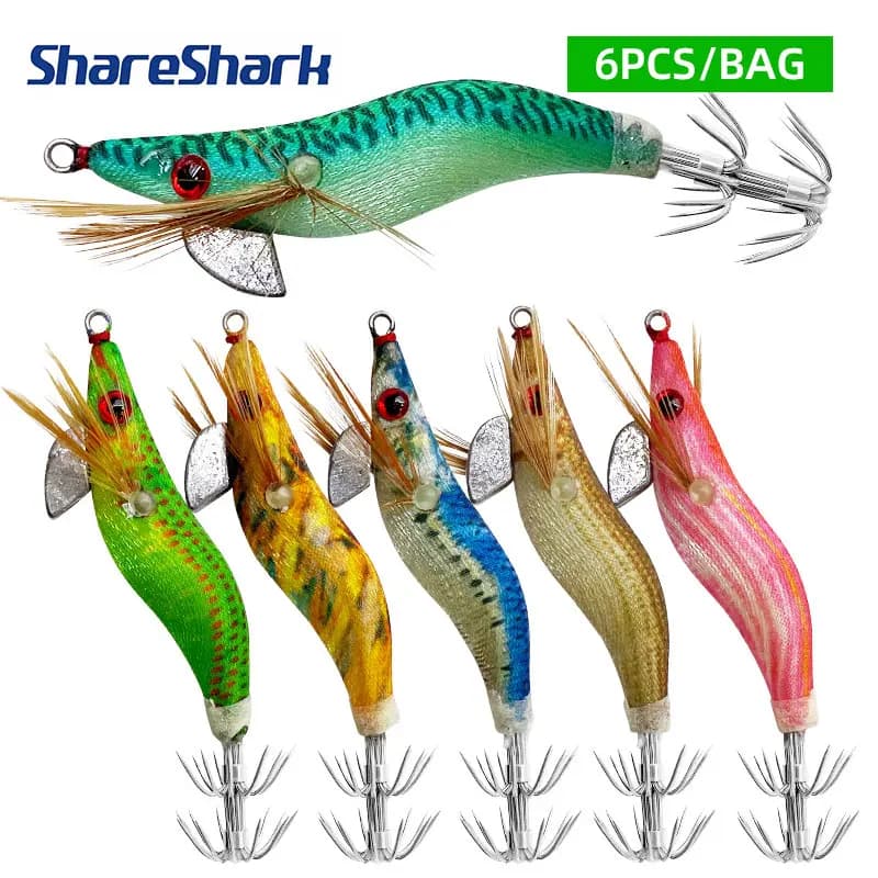 ShareShark 3/6 pieces/packing Artificial baits in Gambero and Calamaro shape wood, 7cm 8.2g, Luminous baits for Polpo and Seppia, Fishing baits Attractive