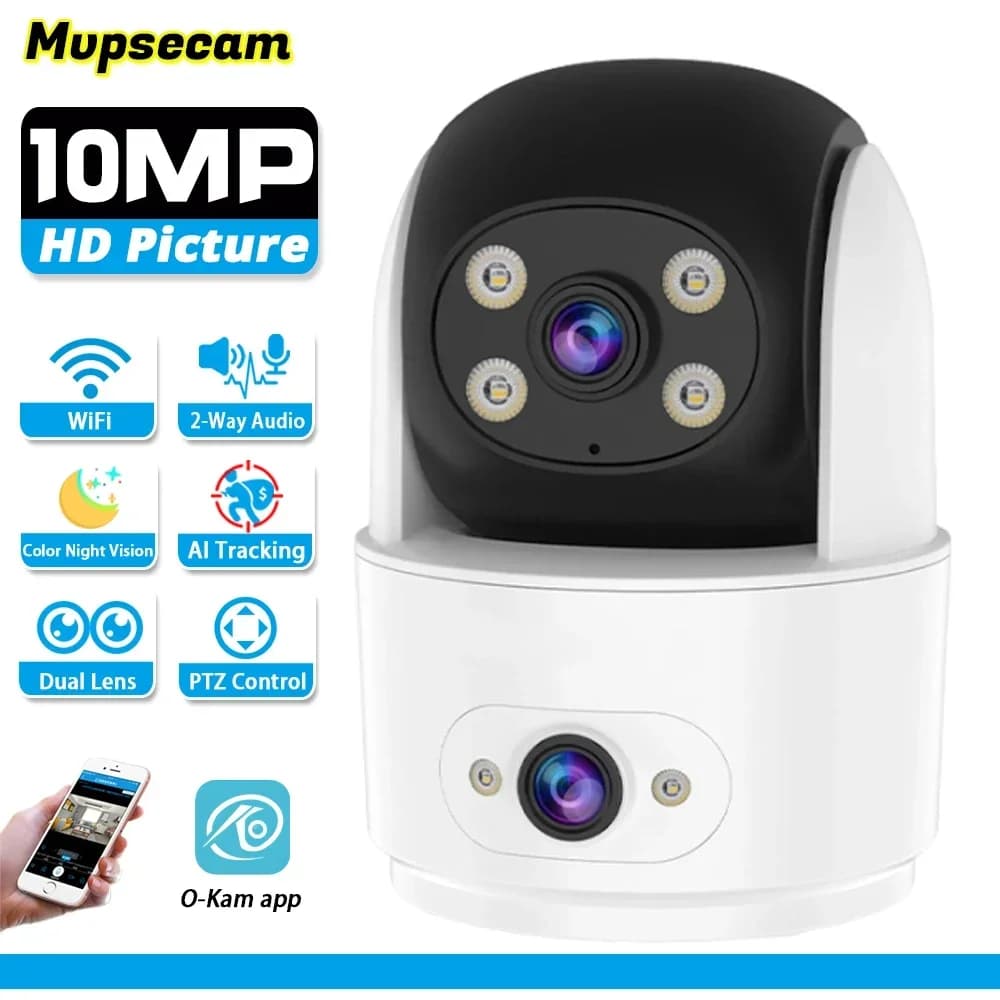 Telecamera di Sorveglianza Smart Home 10MP con Doppia Lente HD, Videocamere di Sicurezza IP Wireless per Interni, Monitor per Bambini con Due Schermi O-Kam