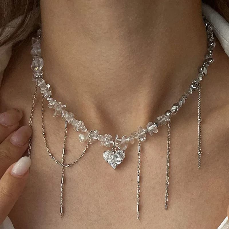New Vintage Irregular Crewneck Necklace with Heart and Nappa Pendant, in Natural Stone, for Woman, Gift for Holiday and Beach N0550