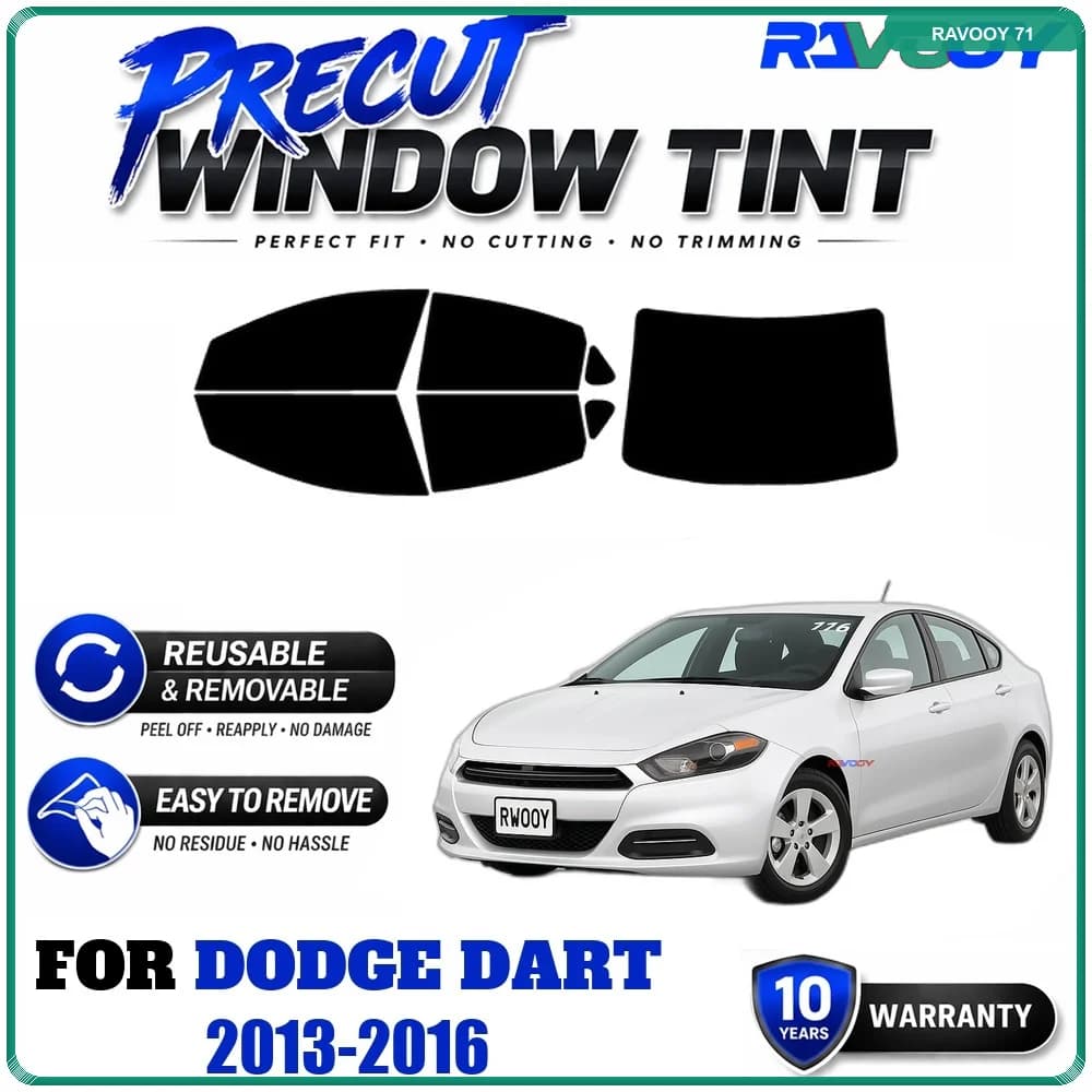 RAVOOY Precut Window Tint, Reusable Removable EPU Film, Custom Fit for Dodge Dart 2013-2016, UV Heat Protection