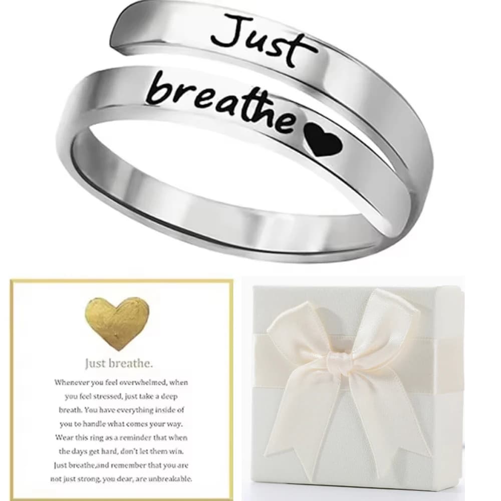 Just Breathe Ring for Women Men, Stainless Steel Spiral Wrap Healing Rings, Inspirational Gifts with Message Card Box