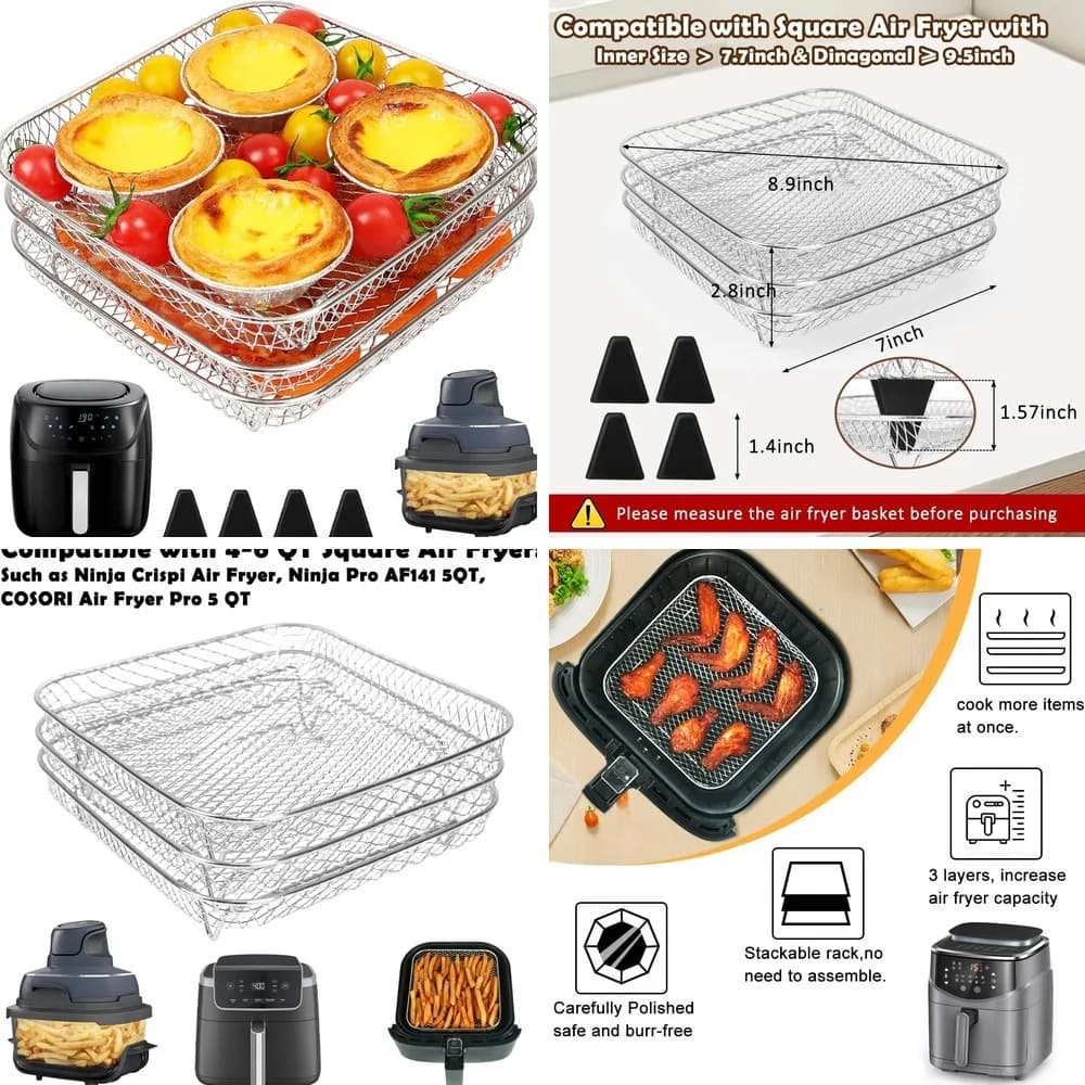 BYKITCHEN 7 Inch Air Fryer Rack, 3-Pack Stackable Stainless Steel Air Fryer Basket with Silicone Feet, Fit for Ninja