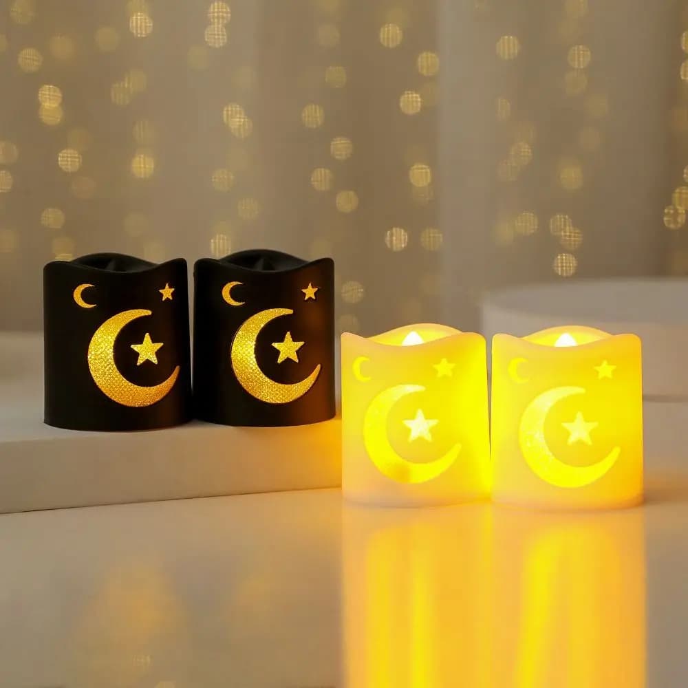 4 Candele Senza Fiamma a Batteria per Eid Mubarak, Design a Forma di Luna Crescente e Stella, Luci LED a Luce Calda