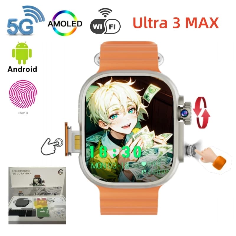 S10 ultra 3 max SmartWatch 4G/5G Android OS GPS 2.2 pollici AMOLED Smart Watch Play Store Scarica TOUCH ID SIM Card WIFI Uomo Donna