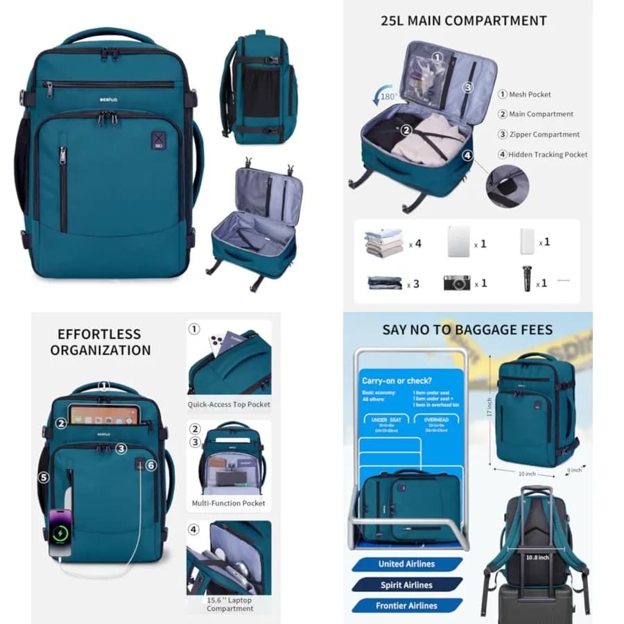 Zaino da viaggio piccolo da 17 pollici, borsa per oggetti personali United Airlines 17x10x9 con 16 tasche, zaini resistenti all'acqua adatti per laptop da 15,6 pollici