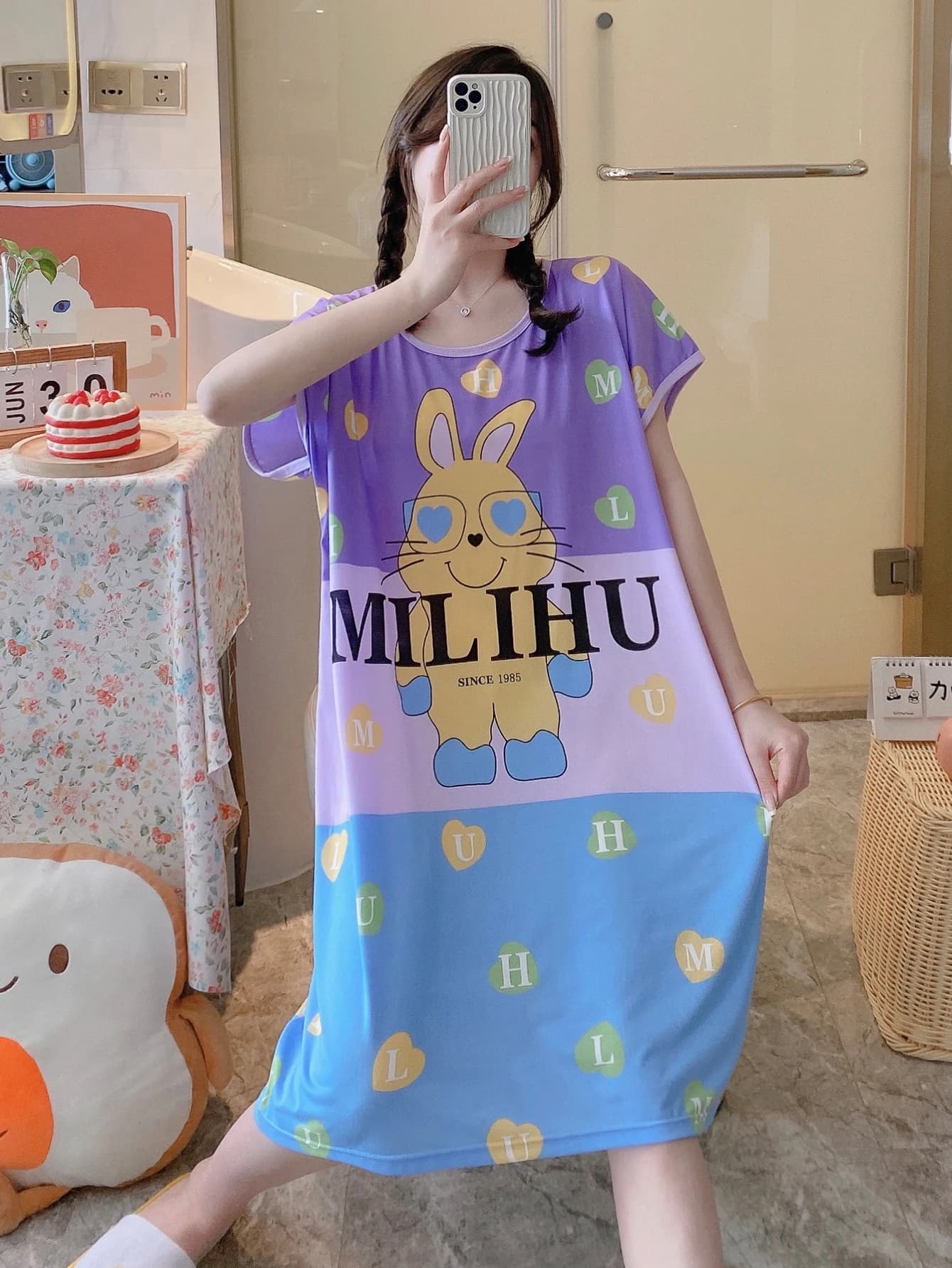 Cartoon Purple Rabit Lounge Dresses, Comfy Cute Short Sleeve Crew Neck Dress, Women's Loungewear & Dresses