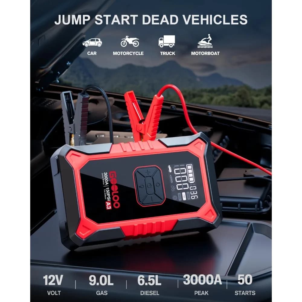Avviatore di emergenza A3 con compressore d'aria, booster batteria per auto portatile da 3000 A (9,0 gas/6,5 litri diesel)