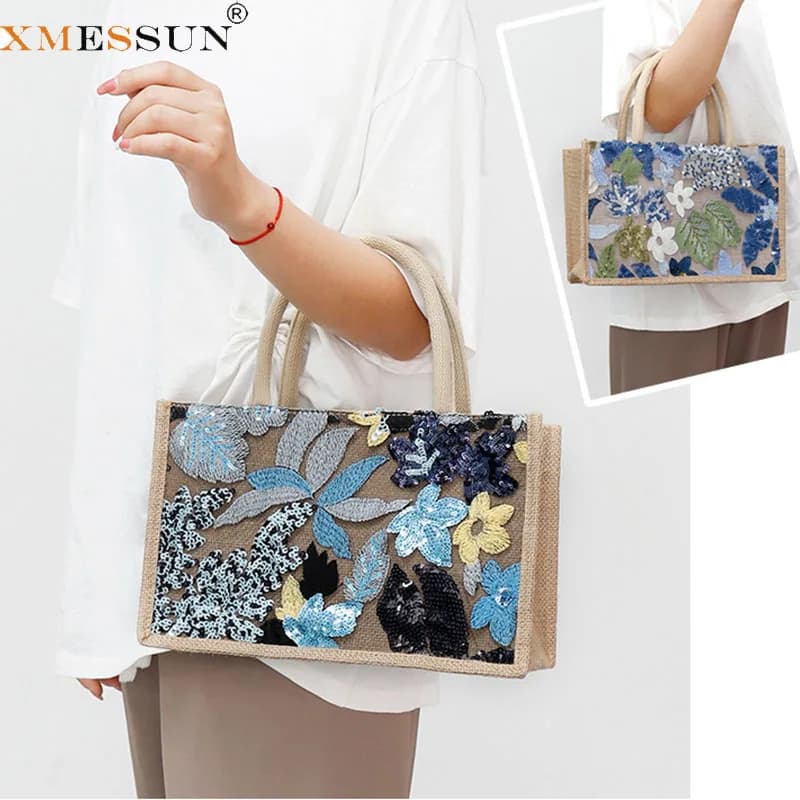 XMESSUN Women New Sequins Embroidery Tote Bag,2026 Fashion Floral Large Capacity Handbags Casual Summer Beach Bags Vacation Bag