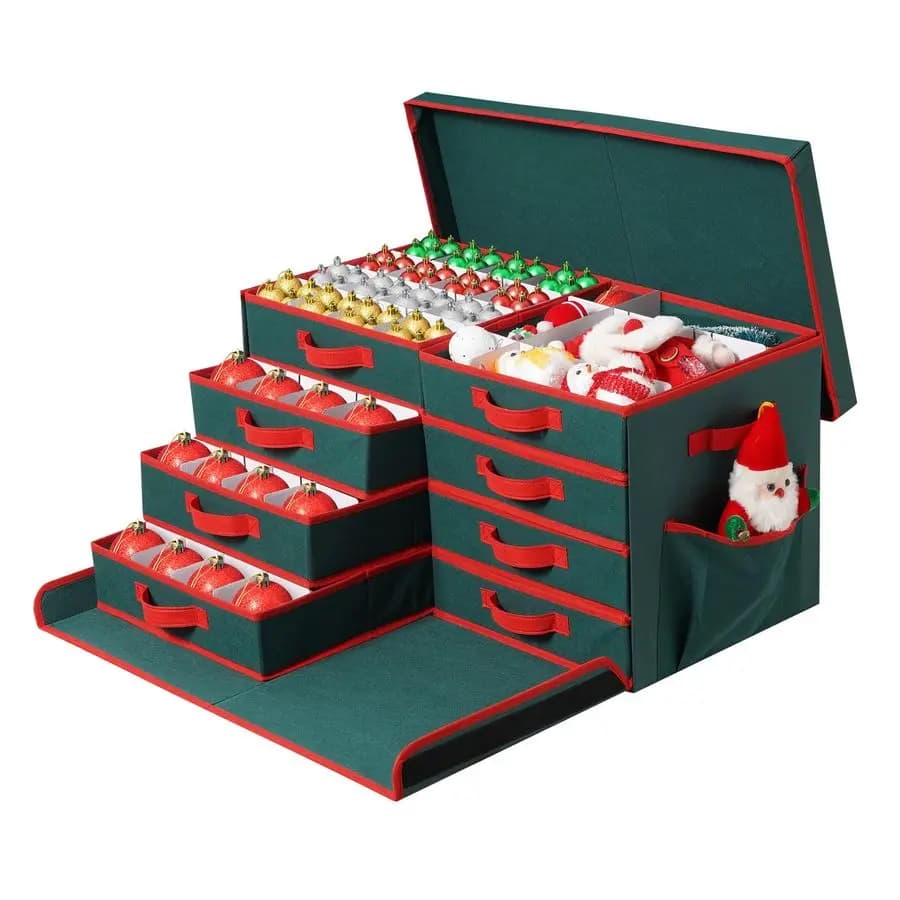 Scatola portaoggetti per decorazioni, organizer impilabile con coperchio e tasche, apertura laterale, 8 vassoi, contenitore per decorazioni natalizie 1283 con coperchio rimovibile