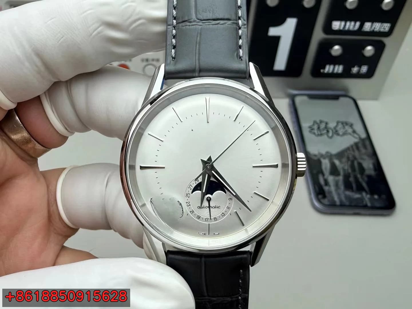 Orologio da Polso Meccanico Automatico da Uomo con Cassa in Acciaio Inossidabile, Cinturino in Pelle, Fasi Lunari e Calendario, 42mm