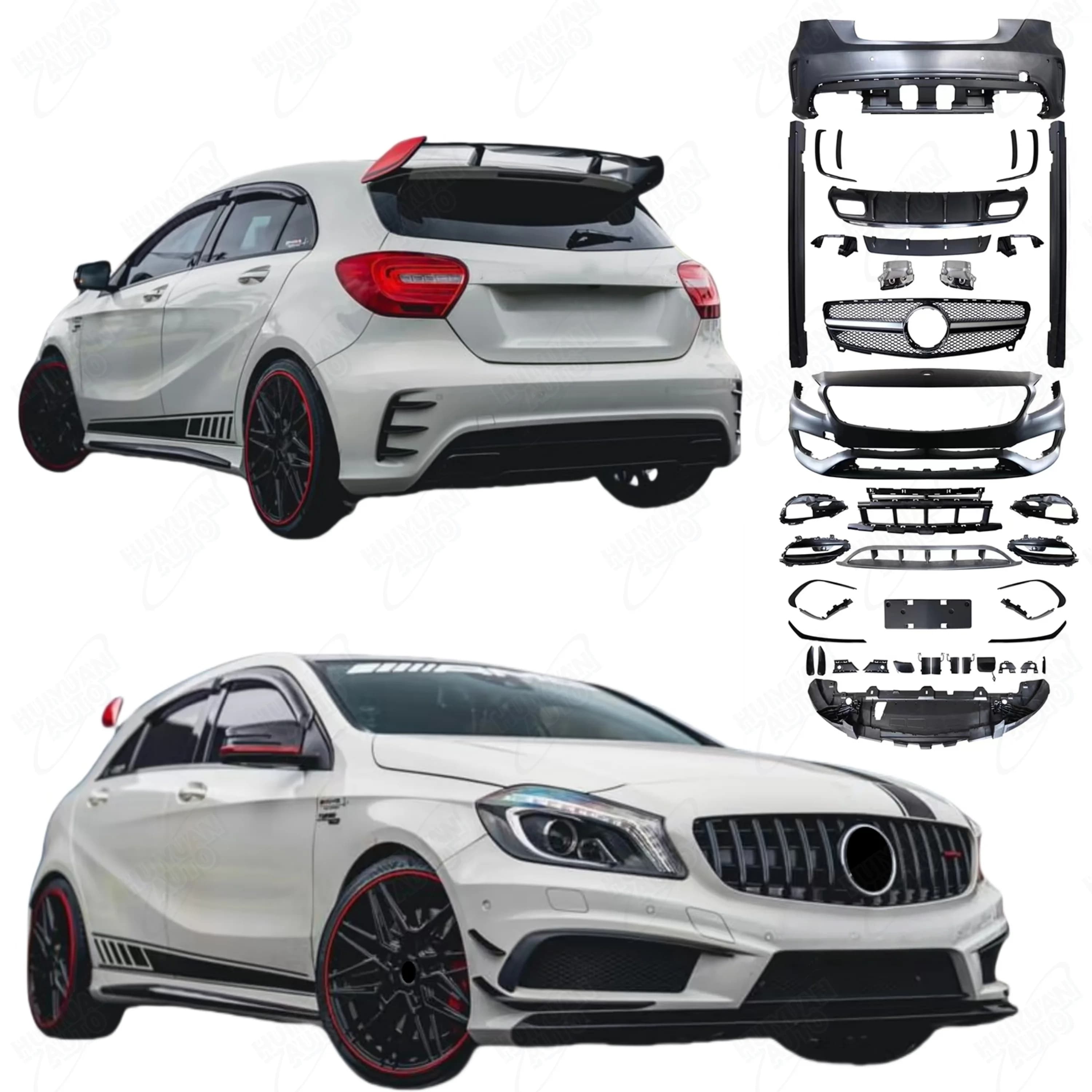 Car Accessories for W176 2013-2018 Upgrade to A45 Style Car Bumpers Rear Diffuser Side Skirts Exhaust Pipes Grille