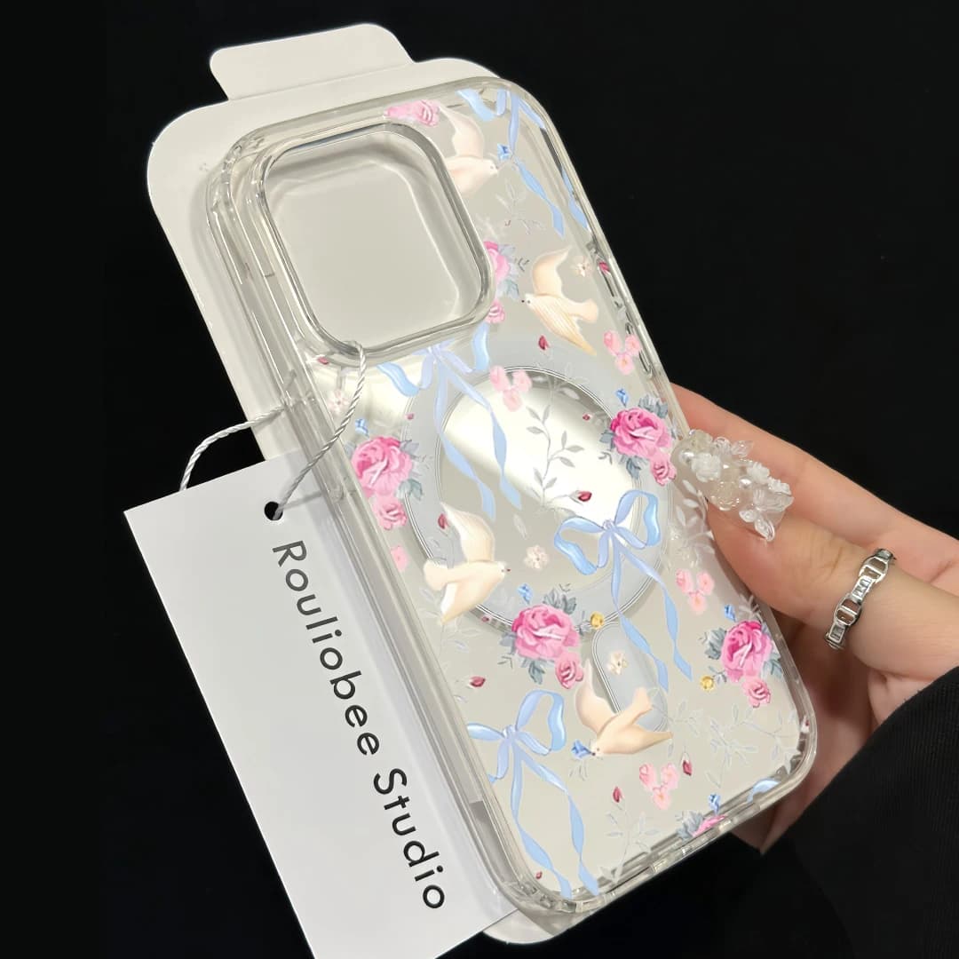 INS Case with Flower, Bird and Bow for iPhone 17 Pro 16 15 14 Pro Max 13 12 11 Pro, Soft Silicone Magnetic Transparent Anti-shock Compatible with MagSafe