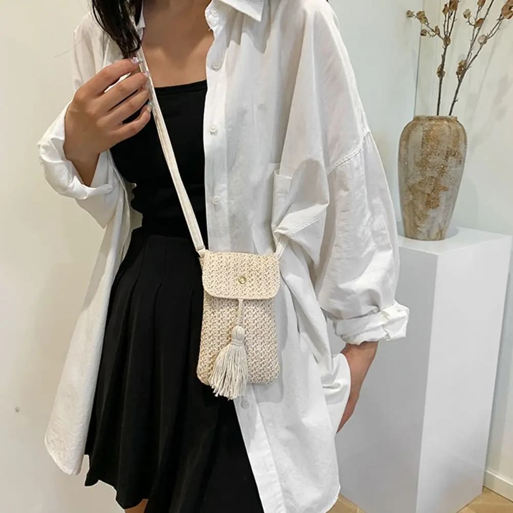 Borsa a mano casual in paglia intrecciata con nappa lunga, fatta a mano, da donna, porta telefono, stile coreano, tinta unita, borsa da spiaggia per esterni