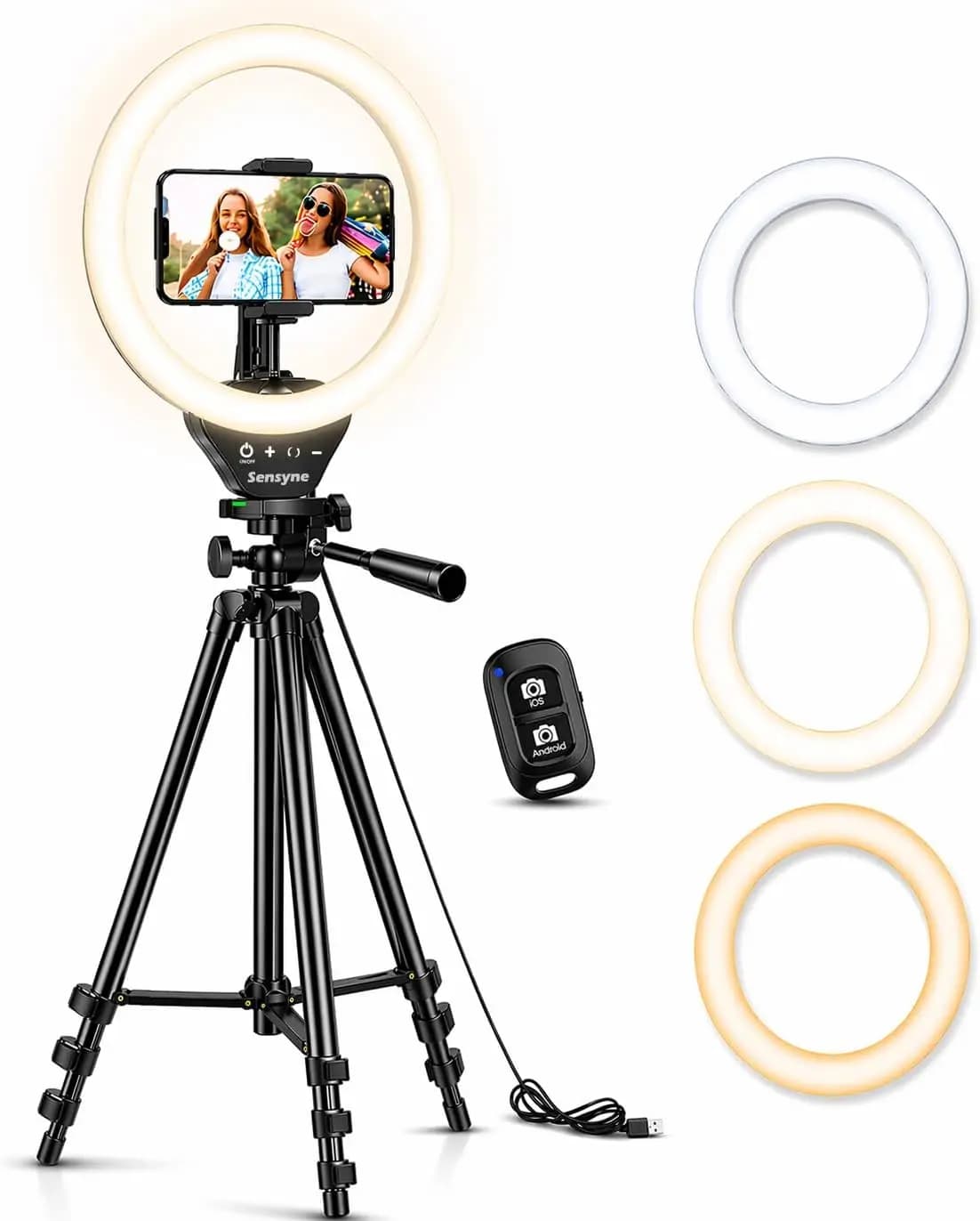 50" Phone Tripod with LED Ring Light, Remote, 3 Colors & 10 Brightness Levels for TikTok, Zoom, Video Recording