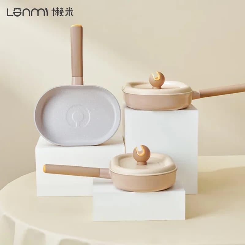 LANMI 24/28CM non-stick pan with Oil Control Ring, Wok for Steaks and Eggs, Flat and Low Bottom Fume Content, for Gas and Induction Rings