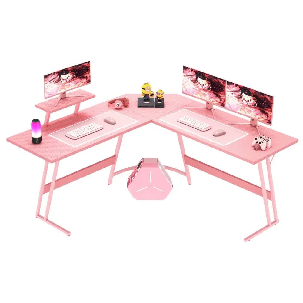 Scrivania da Gaming a L Rosa, Tavolo per PC ad Angolo con Supporto per Monitor Grande, per Ufficio Domestico, Studio e Postazione di Lavoro