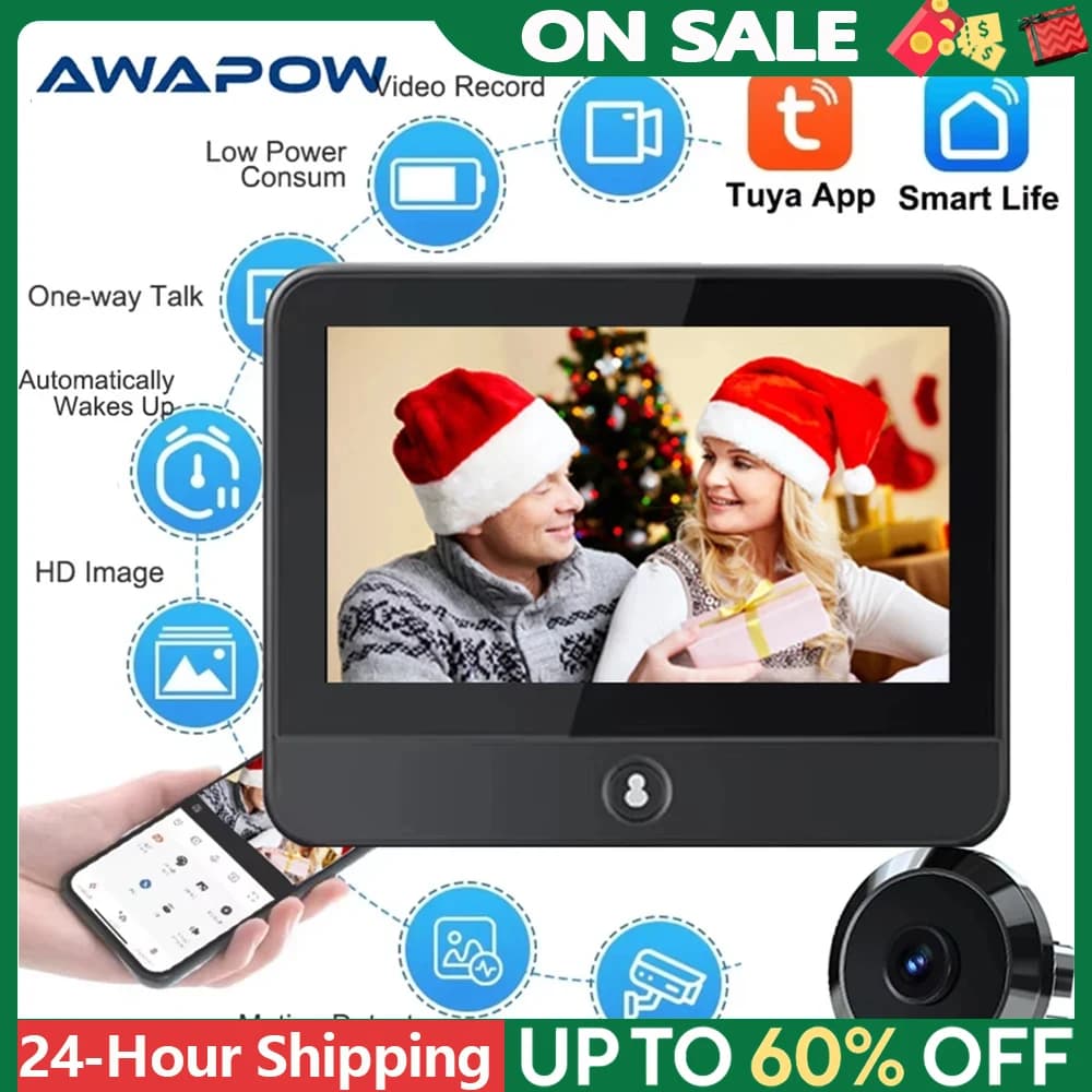 Awapow Tuya Smart Radar Door Peepholes Camera 2MP Wifi Video Doorbell PIR Motion Detection Mini Digital Eye Viewer Home Security