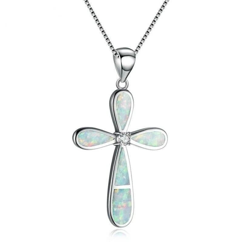 Elegante collana con ciondolo croce cristiana religione con opale bianco blu e zirconi gioielleria raffinata per regali di Natale da donna