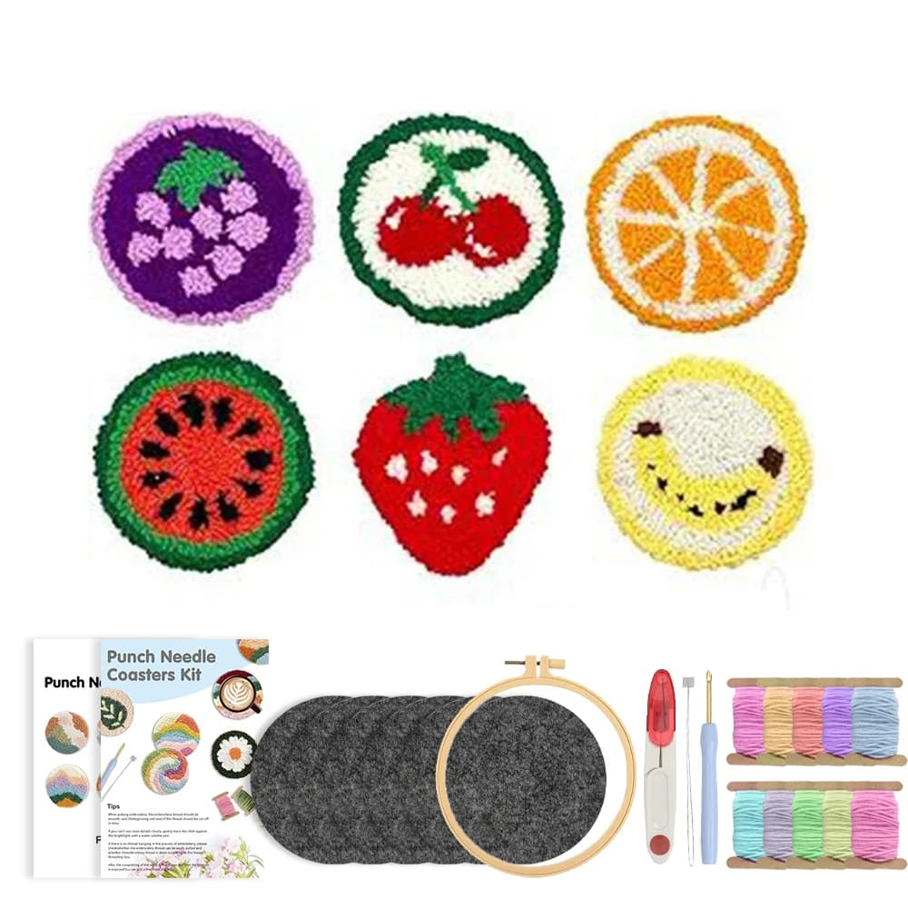 RUOPOTY 6pcs Punch Needle Coaster Purple Grapes Punch Needle Embroidery Wall Decor Easy Crafts For Adults Landscape Cross Stitch