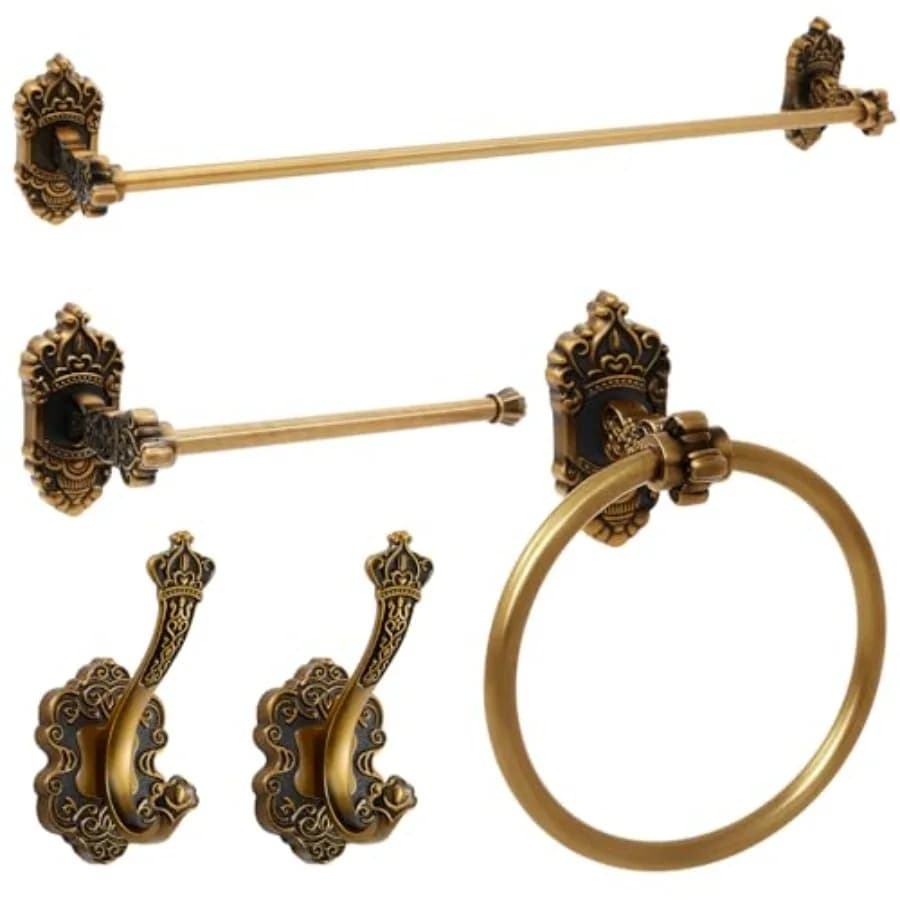 5 Pieces Antique Brass Bathroom Hardware Set: Vintage Towel Rack, Toilet Paper Holder, Towel Ring, Robe Hook Wall Mounted, Clas