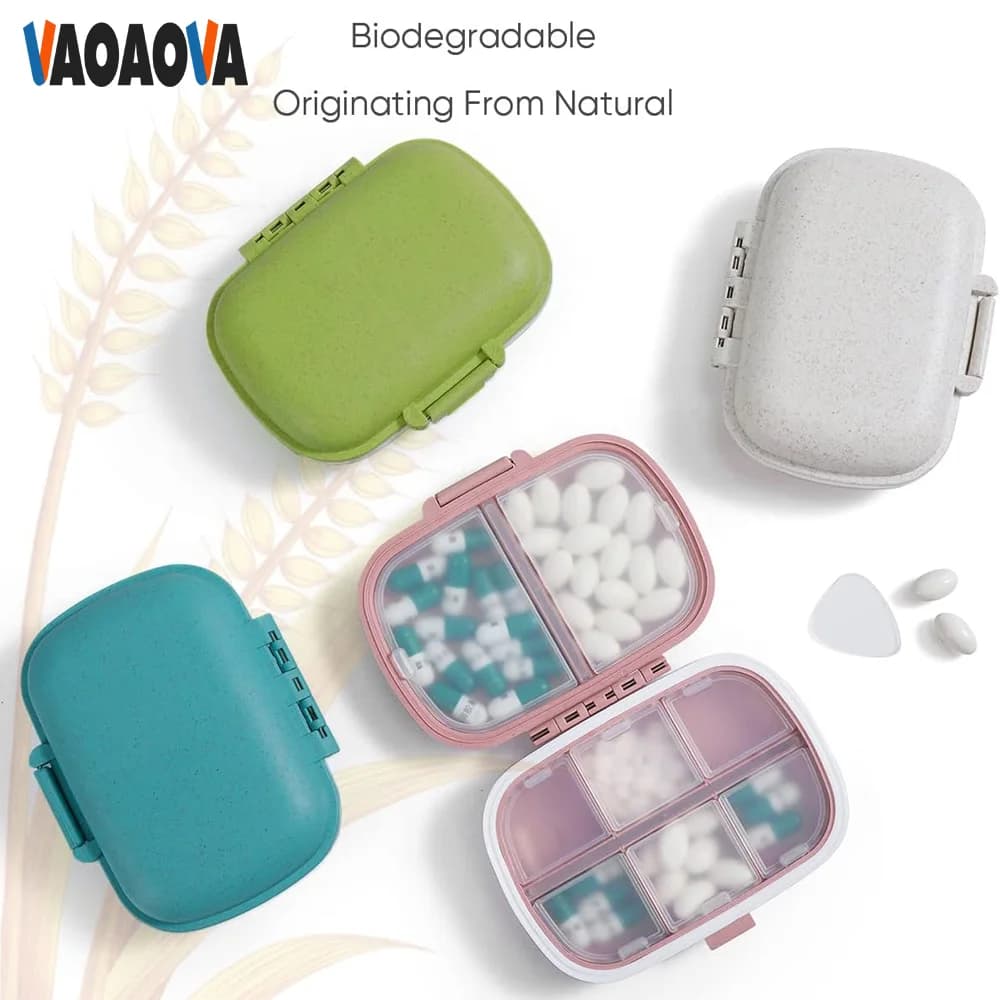Portapillole da viaggio con 8 scomparti, contenitore portatile per pillole giornaliere, olio di fegato di merluzzo, medicinali e vitamine.