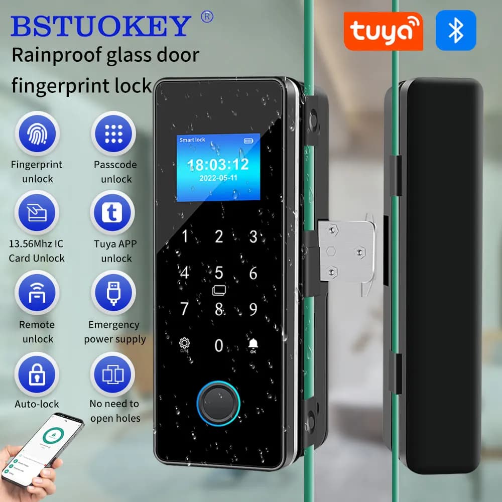 Tuya Smart Fingerprint Lock Bluetooth Smart Porta scorrevole in vetro Porta biometrica elettronica con cifre Porta con gancio per scheda App Sblocco remoto