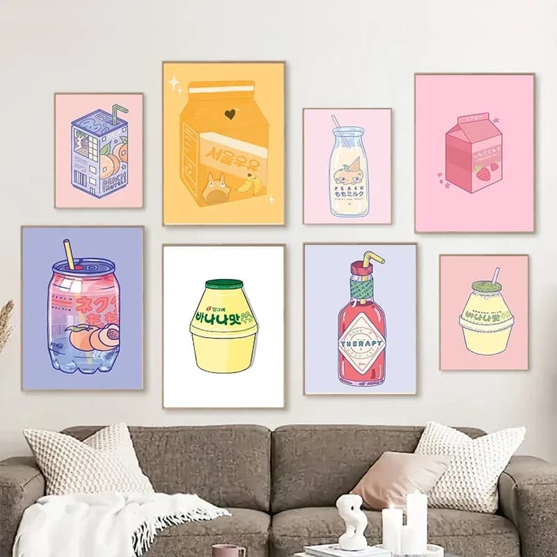 (No frame)1pcsCute Korean Milk Carton Juice Drink Cans Posters Print Canvas Painting Wall Art Pictures Nordic for Store Livin