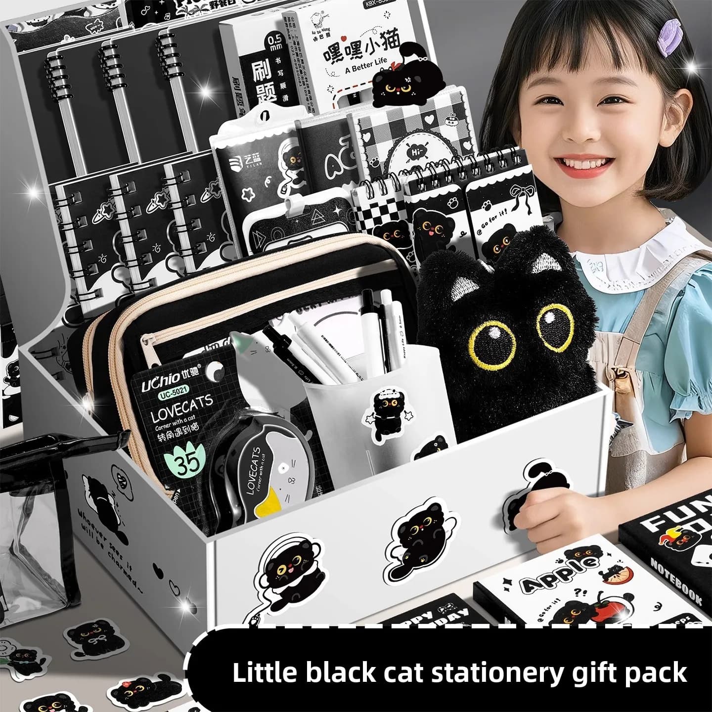 Black Kitten Stationery Set - Cute Cat School Supplies for Students, Aesthetic Pen & Pouch Back-to-School Kit