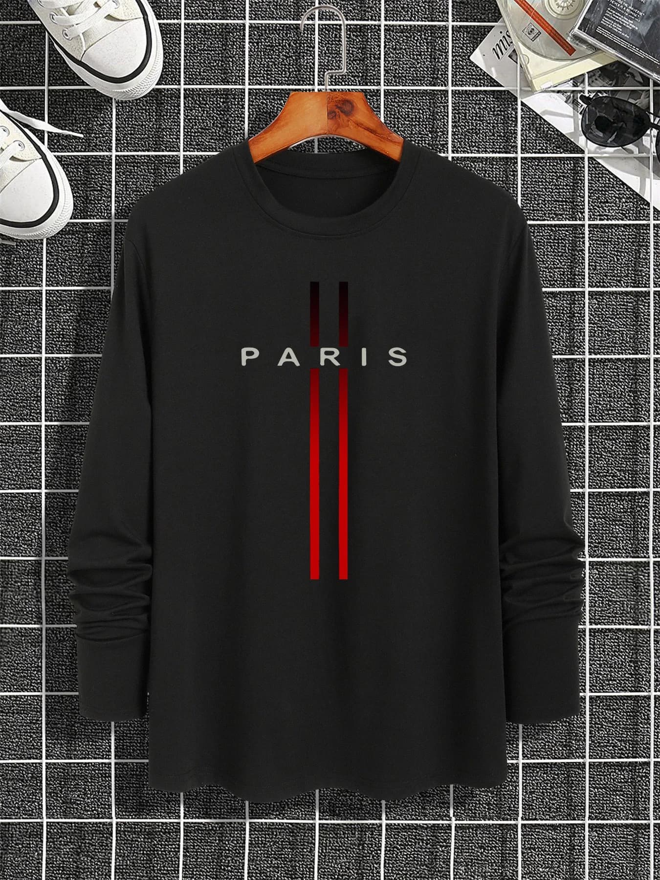 100% pure cotton men's long sleeved round neck loose casual Paris pattern printed spring and autumn versatile T-shirt top