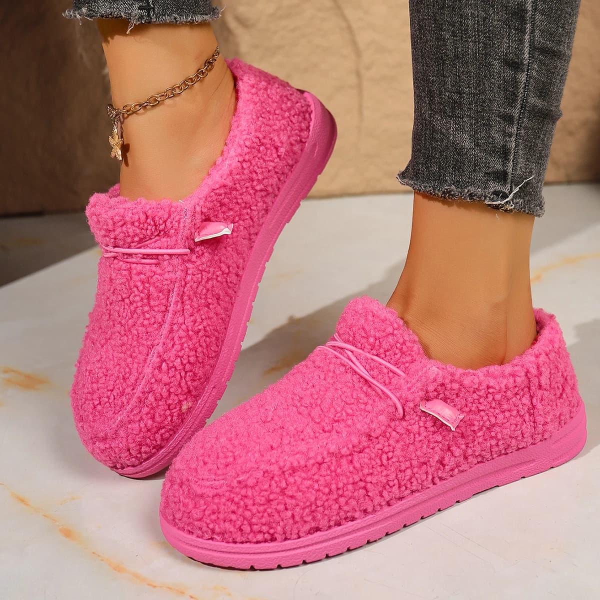 Stivali da neve da donna Mocassini bassi con fondo piatto caldo Stivaletti comodi con punta tonda Scarpe slip-on in cotone casual da donna