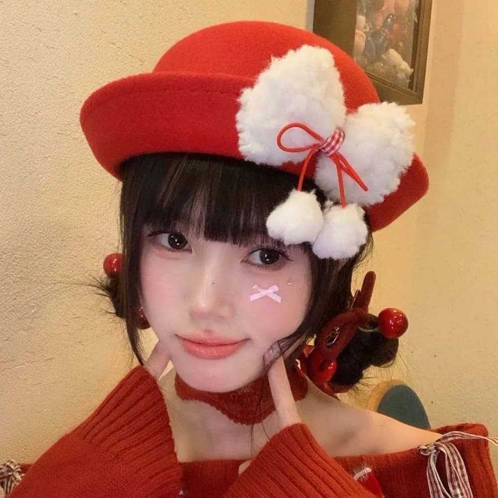 Vintage-looking red bomber hat Japanese style cap Wool bucket cap Dome hat for versatile winter girls