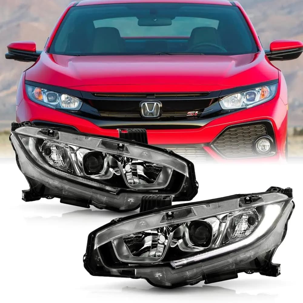 Per [Tipo Alogeno] Honda Civic 2016-2021 Fari a Proiezione LED con Alloggiamento Cromato e Luci Diurne DRL Coppia Sinistra+Destra