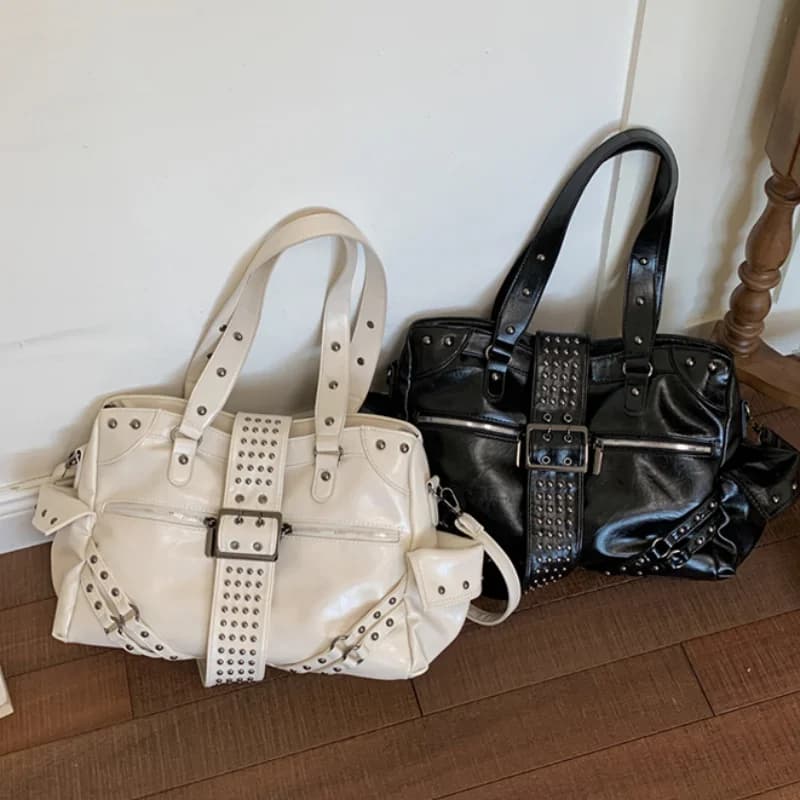 Punk Rivet Motorbike Shoulder Bag Retro Belt Buckle Design Y2k Handbag Multi-pocket Underarm Bag Soft Leather Commuter Tote Bag