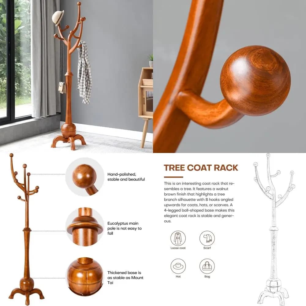 Self-supporting wooden hanger with 8 hooks: branch design of a tree, creative and stable clothes hangers for the house