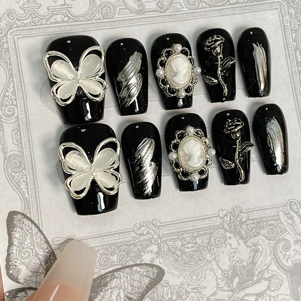 10 pcs. Black Fin Nails Handmade with Butterfly Strass, Press-On Y2K Court Nails in Coffin, Retro Decoration, Fin Nails