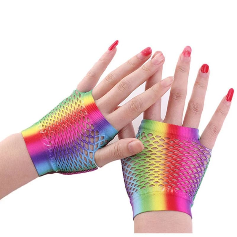 Set di 3 Guanti a Rete per Donne e Ragazze, Guanti Colorati Arcobaleno, Manicotti in Nylon Elastici, Guanti Lunghi Coreani Senza Dita per Feste