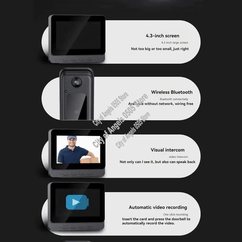 COFA-Smart Videocitofono Campanello Wireless, Telecamera di Sorveglianza Interna, Telecamera Cat's Eye, Monitoraggio Porta Antifurto, 3 Pollici