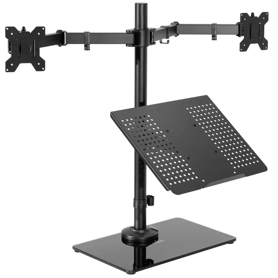 Self-supporting desk support for double monitor and laptop with glass base, suitable for monitors up to 32 inches and laptops up to 17 inches.