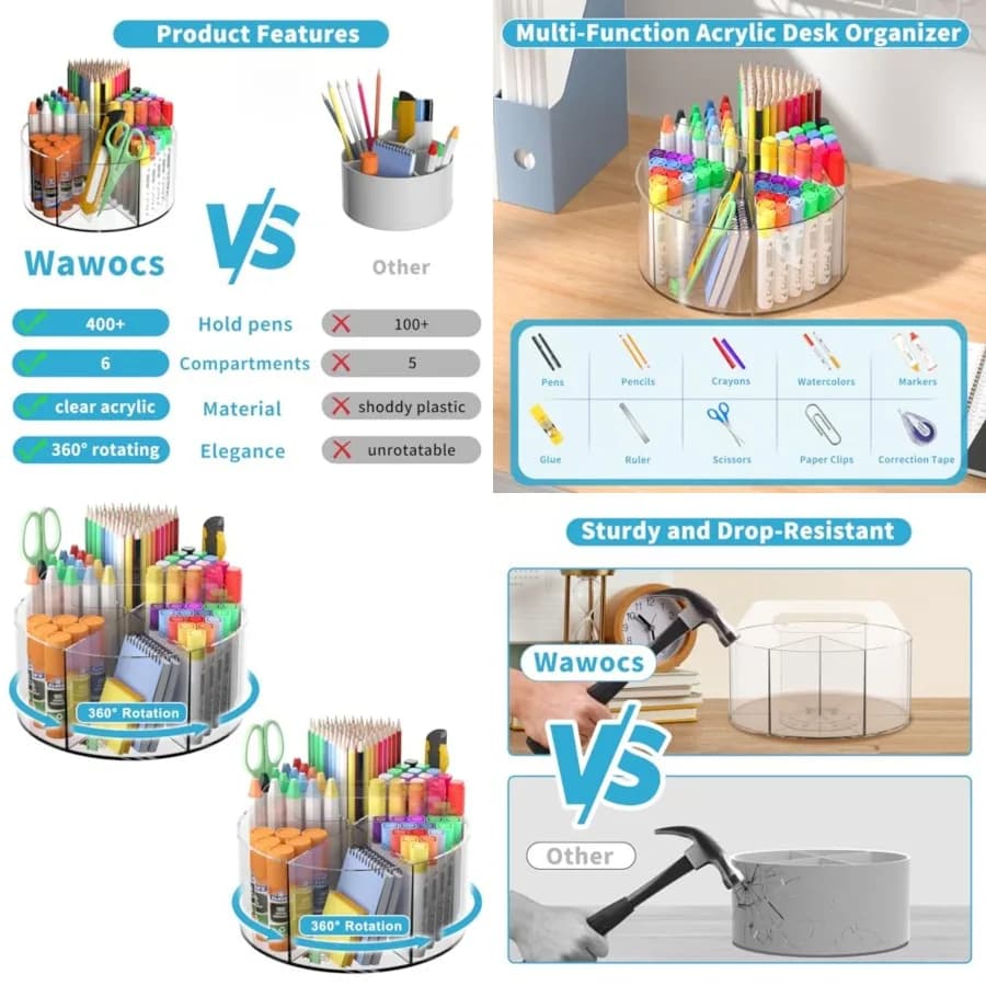 Portapenne in Acrilico Trasparente, Portapenne Girevole a 360 Gradi per Scrivania, Organizzatore Girevole Lazy Susan per Materiale Scolastico, Porta Pennarelli