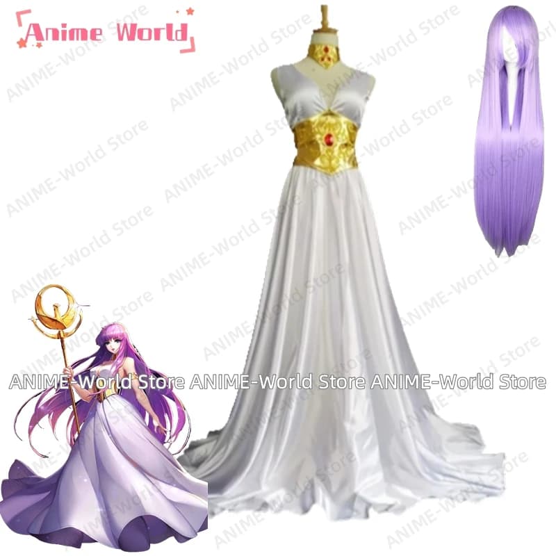 《Custom Size》Saint Seiya The Lost Canvas Sasha(Athena) Cosplay Costume White Dress with Accessory